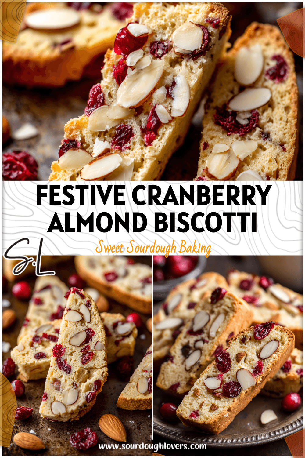 Golden slices of Almond Cranberry Biscotti with cranberries and almonds on a rustic baking tray.